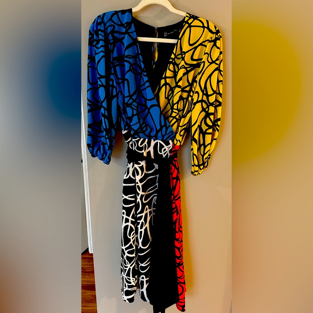 NY&C wrap dress, size large, red, yellow, black and blue